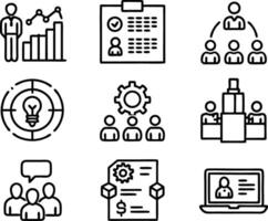 set of management icon illustration. enterprise, analysis, businessman, web, strategy, workplace, safety, communication, solution, worker vector