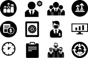 set of management icon illustration. enterprise, analysis, businessman, web, strategy, workplace, safety, communication, solution, worker vector