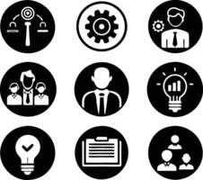 set of management icon illustration. enterprise, analysis, businessman, web, strategy, workplace, safety, communication, solution, worker vector