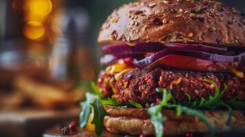 Close-up of gourmet plant-based burger with fresh vegetables and sesame seed bun photo