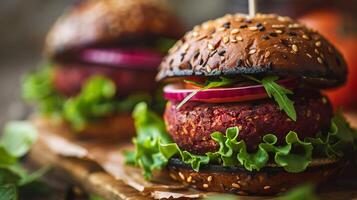 Gourmet plant-based burgers with fresh vegetables and sesame seed buns photo