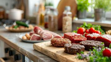 Plant-Based Meat Variety on Kitchen Counter photo