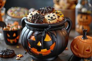 Halloween cauldron filled with decorated cookies, including spider webs and jack-o-lanterns photo