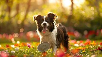 Happy Dog with Frisbee in Flower Field photo