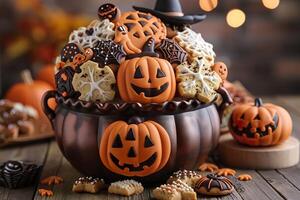 Halloween cauldron overflowing with decorated cookies, including jack-o-lanterns, ghosts, and spider webs. photo