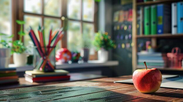 Apple on Classroom Desk photo