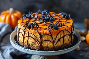 Halloween cake decorated with orange frosting, chocolate spider web design, and edible black spiders. photo