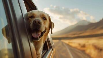 A happy Labrador Retriever sticking its head out of a car window photo