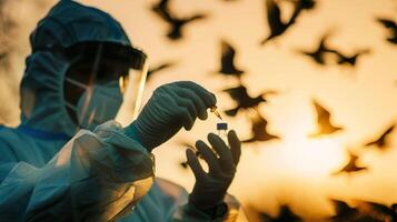 A scientist in protective gear examines a sample with bird silhouettes in the background. photo