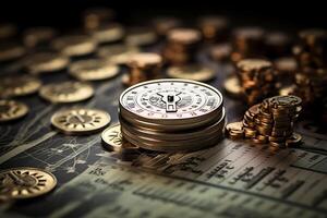 A clock on top of a pile of coins. photo