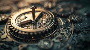 A clock on top of a pile of coins. photo