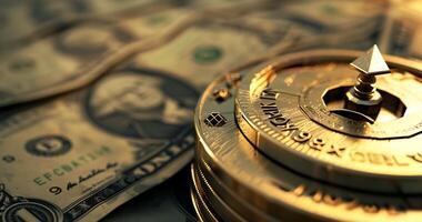 A clock on top of a pile of coins. photo