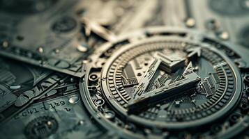 A clock on top of a pile of coins. photo