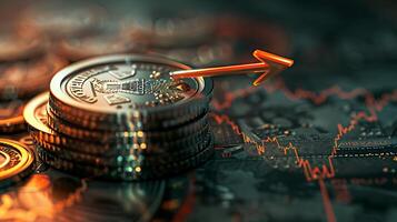 A clock on top of a pile of coins. photo