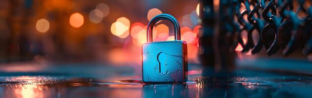 Cyber security concept. Shield with red light photo