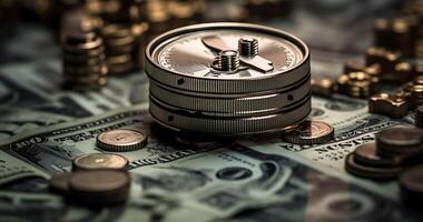 A clock on top of a pile of coins. photo