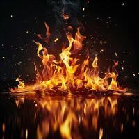 Fire flames with reflection on water surface. photo
