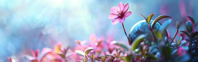 3D illustration of a flower and a soap bubble with bubbles photo