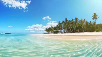 A beautiful tropical beach with palm trees and a clear blue sky, adding to its picturesque charm. This tranquil coastal setting evokes images of summer photo