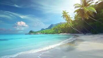 A beautiful tropical beach with palm trees and a clear blue sky, adding to its picturesque charm. This tranquil coastal setting evokes images of summer photo