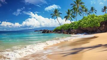 A beautiful tropical beach with palm trees and a clear blue sky, adding to its picturesque charm. This tranquil coastal setting evokes images of summer photo