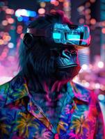 Portrait of monkey gorilla cyberpunk character wearing glasses photo