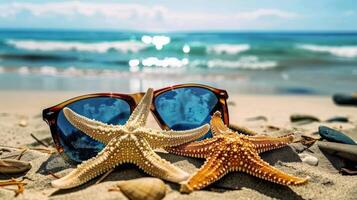 sunglasses and starfish on the beach photo