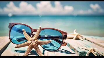 sunglasses and starfish on the beach photo