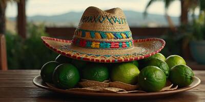 Sombrero for Cinco de Mayo is placed on a table next to a bowl of limes. photo
