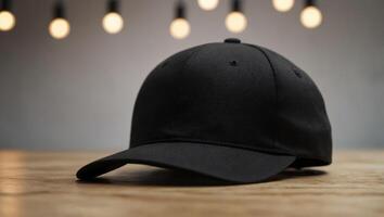 Sleek Black Cap on White Wooden Table, Perfect for Custom Design Mockups, Ideal for Branding and Fashion Projects. photo
