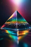 abstract background with pyramid glass prism and water refracting light spectrum. photo