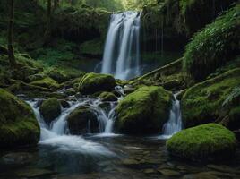 Surrender to the sublime beauty of a cascading waterfall, where crystal-clear waters tumble over moss-covered rocks, creating a symphony of sound and motion. photo