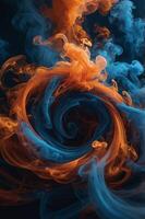 Abstract image of swirling smoke in vibrant hues of blue and orange, creating a fiery and fluid visual effect. photo