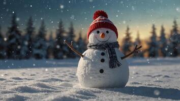 Snowman fun cute header banner scene in snowy snow and snowflake scene, wide panorama header border background, hand drawn. photo