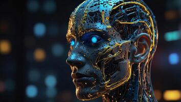 Side view of a humanoid head with blue and yellow eyes and vibrant neon neural network, representing futuristic technology and artificial intelligence. photo