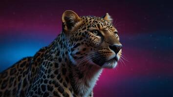 Template of a fierce leopard under colorful pink and blue neon light background, with copy space, studio shot. photo