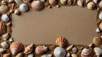 Seashells frame border on sandy background Flat lay, top view Summer vacation concept. photo