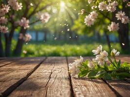 Spring Time - Blossoms On Wooden Table In Green Garden With Defocused Bokeh Lights And Flare Effect. photo
