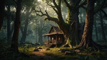 Tree home in forest background illustration, fantasy game scene concept design. photo