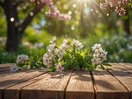 Spring Time - Blossoms On Wooden Table In Green Garden With Defocused Bokeh Lights And Flare Effect. photo