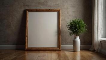 Two vertical wooden frame mockup Two mock up poster on wooden floor 2 frames at home with shadows. photo