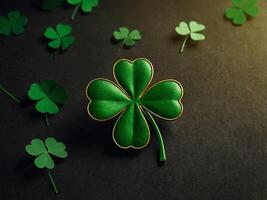 St Patricks Day banner design with shamrock and four-leaf clover Flat lay, top view Happy St Patrick's Day concept. photo