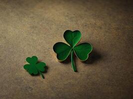 St Patrick Day flat lay composition Top view green shamrock and four leaf clover and decorations on vintage background. photo