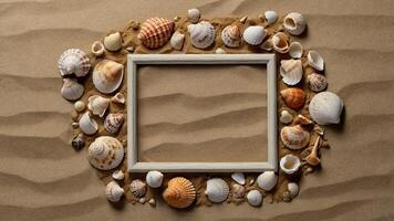 Seashells frame border on sandy background Flat lay, top view Summer vacation concept. photo