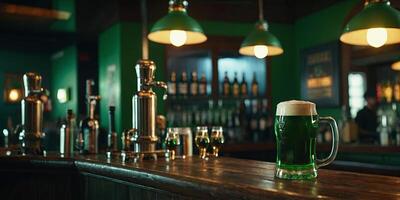 St Patrick's Day party Beer is on the bar counter Pub interior Green tone Close up view. photo