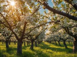 Spring background with white blossoms and sunbeams Bright spring background apple orchard Banner. photo