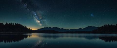 Space wallpaper Serene scene of a tranquil lake reflecting the star-studded night sky above, capturing the timeless beauty of the cosmos mirrored in the still waters below. photo