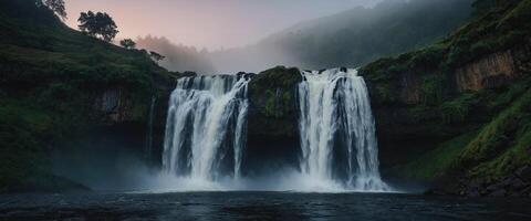 This captivating photograph captures the raw power and beauty of a cascading waterfall, its misty veil illuminated by the soft light of dawn ,. photo
