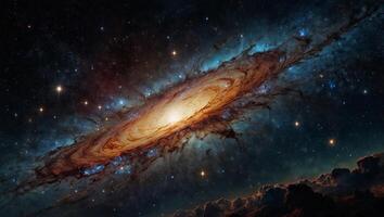The view from space to a galaxy filled with stars and nebula offers a breathtaking panorama of the universes beauty, Sharpen banner template with copy space on center. photo