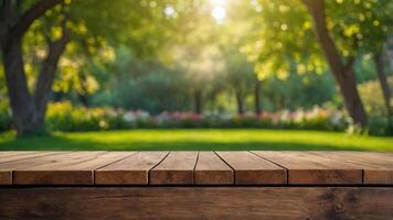 Wooden table spring nature bokeh background, empty wood desk product display mockup with green park sunny blurry abstract garden backdrop landscape ads showcase presentation Mock up, copy space. photo